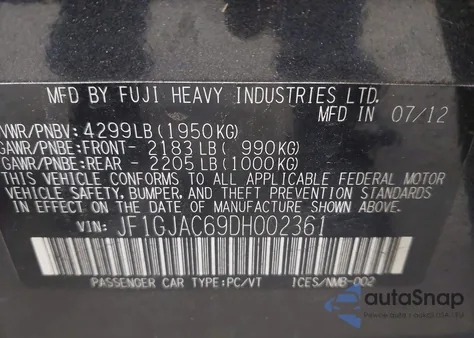 2013 Subaru Impreza 2.0I Premium z USA, uszkodzony, nr VIN JF1GJAC69DH002361